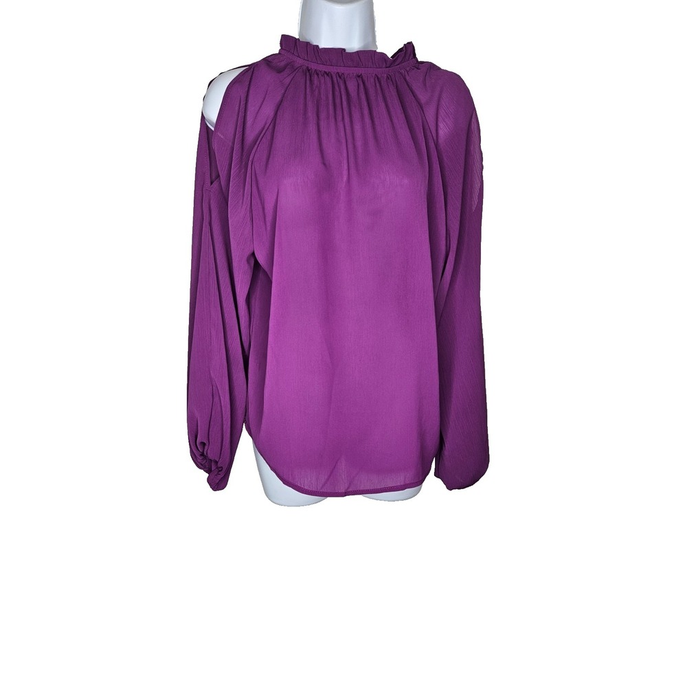 Purple Ruffle Mock Neck Cold Shoulder Blouse Size S Feminine Romantic Classic